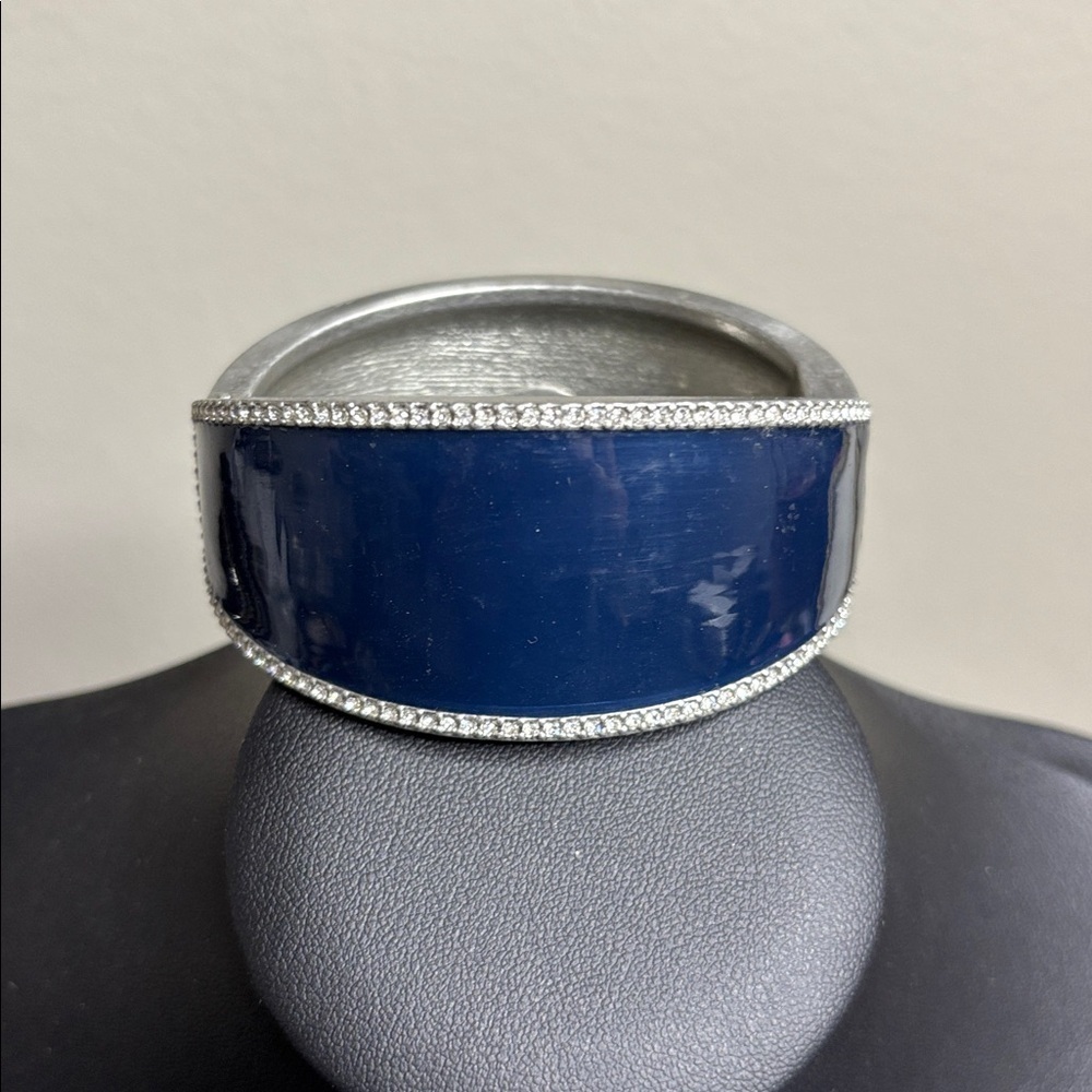 Navy Blue and Silver Bangle Bracelet Enamel Rhinestone Clamper